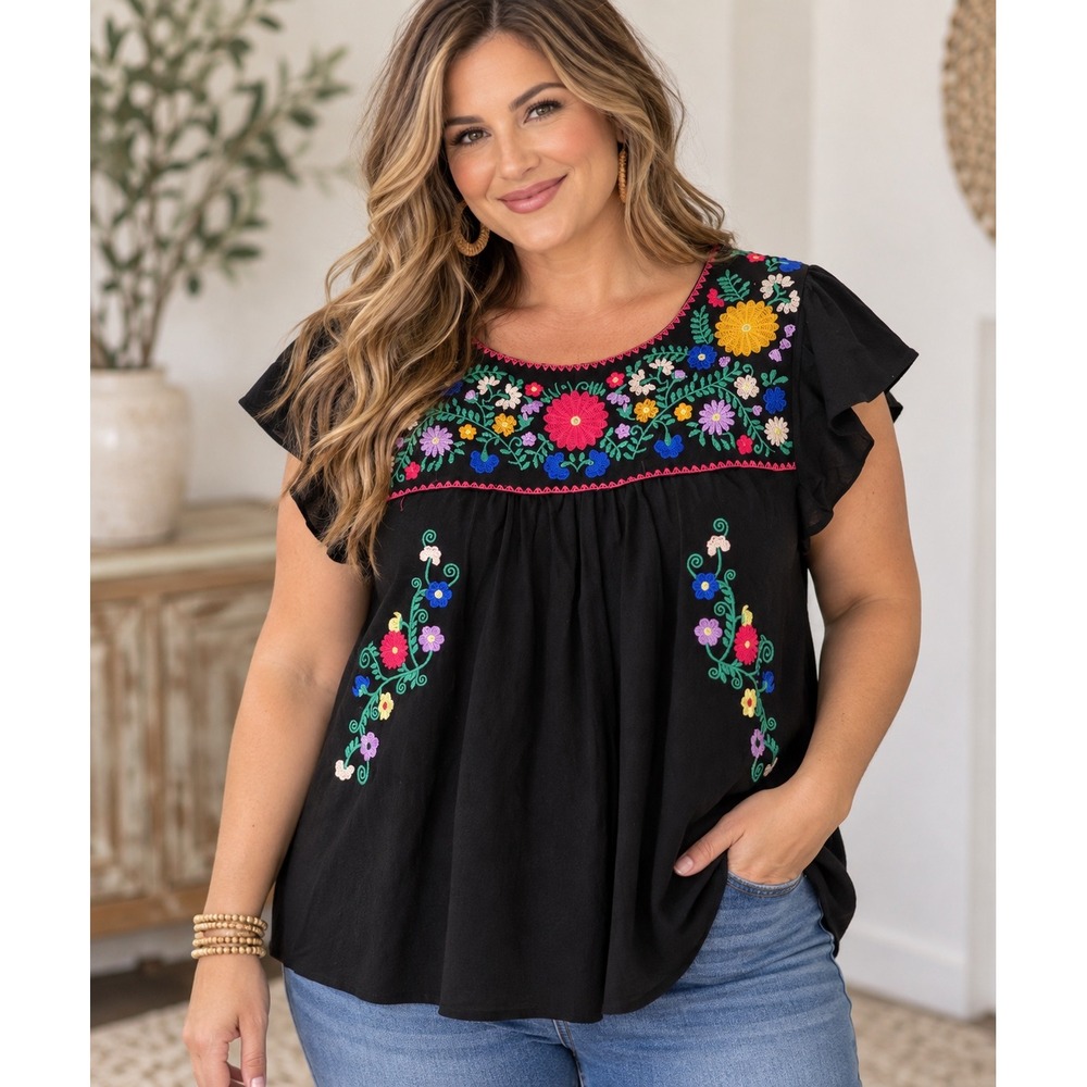 Umgee Floral Embroidered Flutter Sleeve Top XL Black NWT